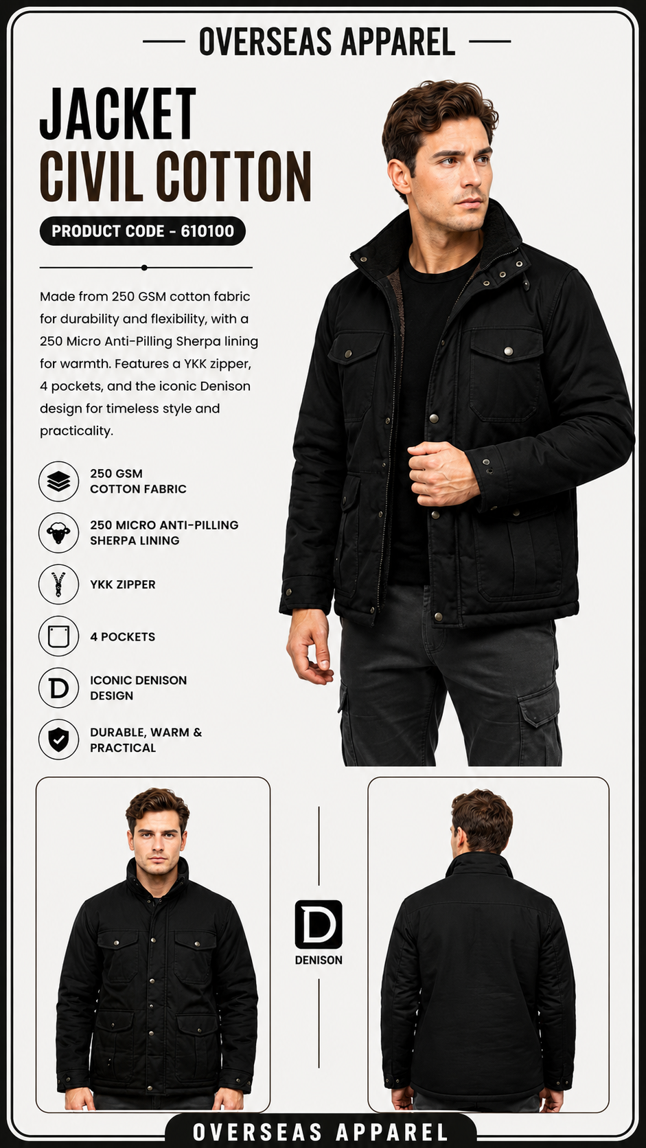 OVERSEAS APPAREL- Men's Premium Cotton Fleece Heavy Weight Winter Jacket