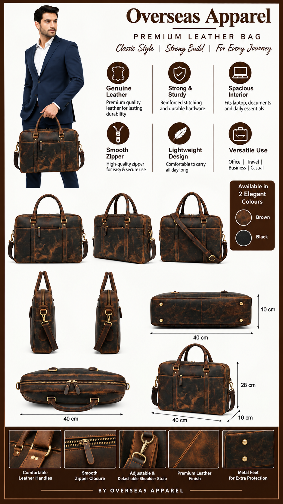 OVERSEAS APPAREL- Premium Leather Official-Corporate-Laptop Bag